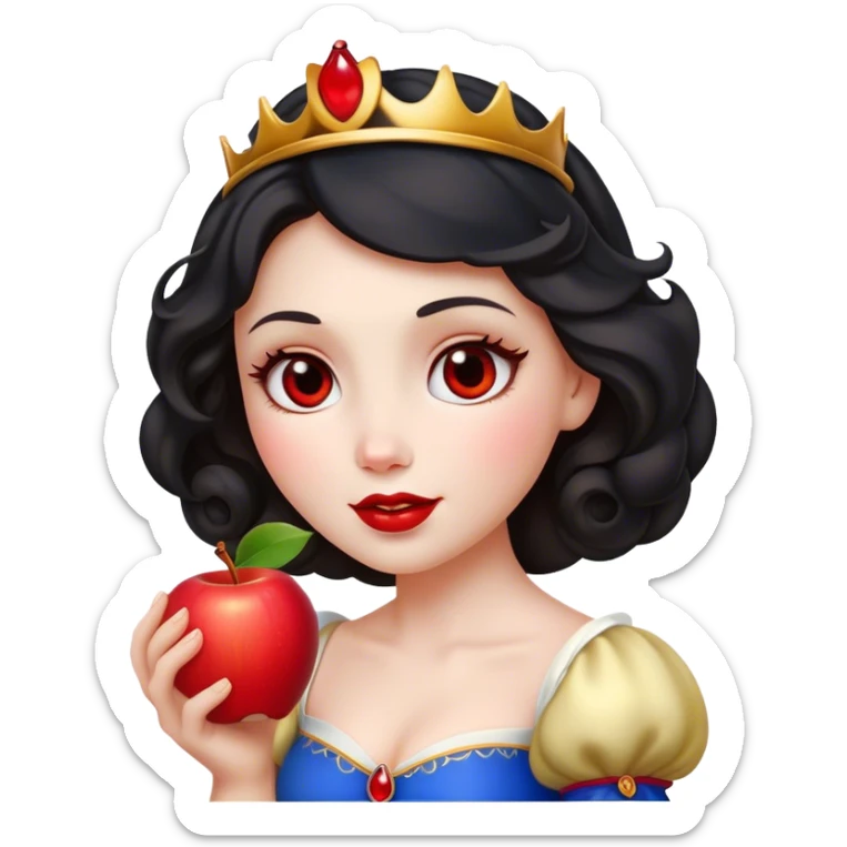 Cinematic Elegant Snow White Portrait Emoji, Delicately holding a red apple, eyes glimmering with mystery, soft curls perfectly placed, her royal presence glowing with a warm, enchanting charm! sticker