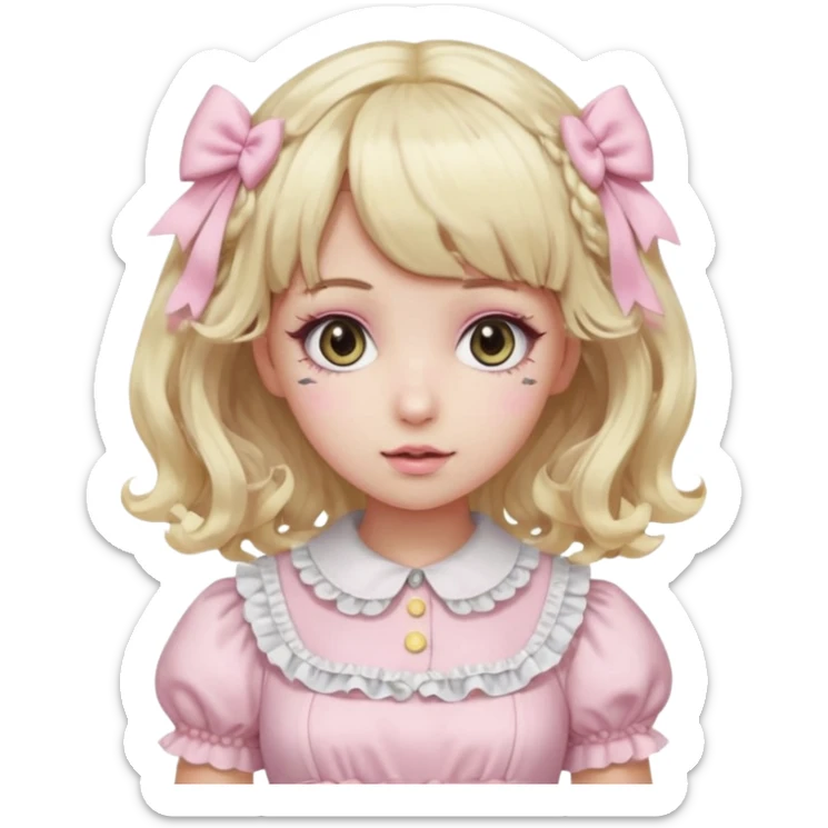 pale girl with curly medium length blonde and baby pink swirled hair with bangs, grey eyes, doll-like makeup, wearing a light pink lolita hime gyaru dress, emoji style sticker