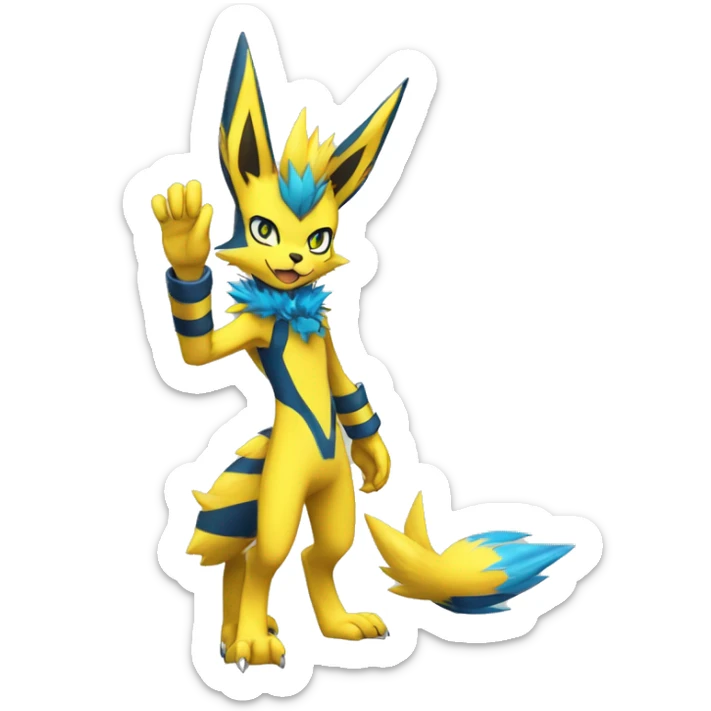 Yellow Anthro Edgy Cool Zeraora-Lucario-Jolteon-Pokémon-Fakémon with shiny blue stripes Full Body Detailed High Quality  sticker