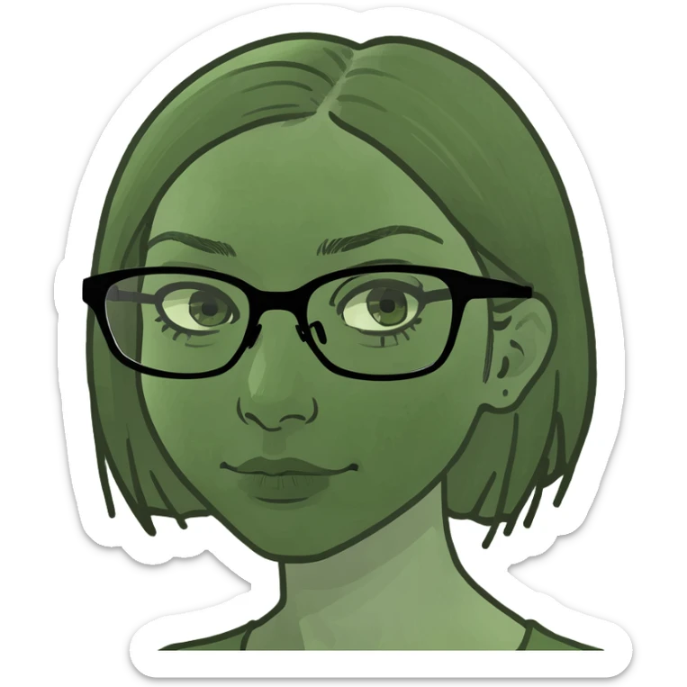 a girl with blue eyes, short blond hair, and square glasses, bufo frog meme style sticker