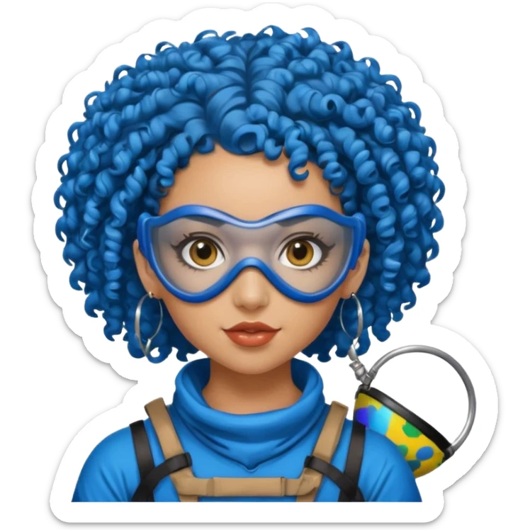 blue curly haired paintball player girl with huge earrings, wearing paintball mask sticker