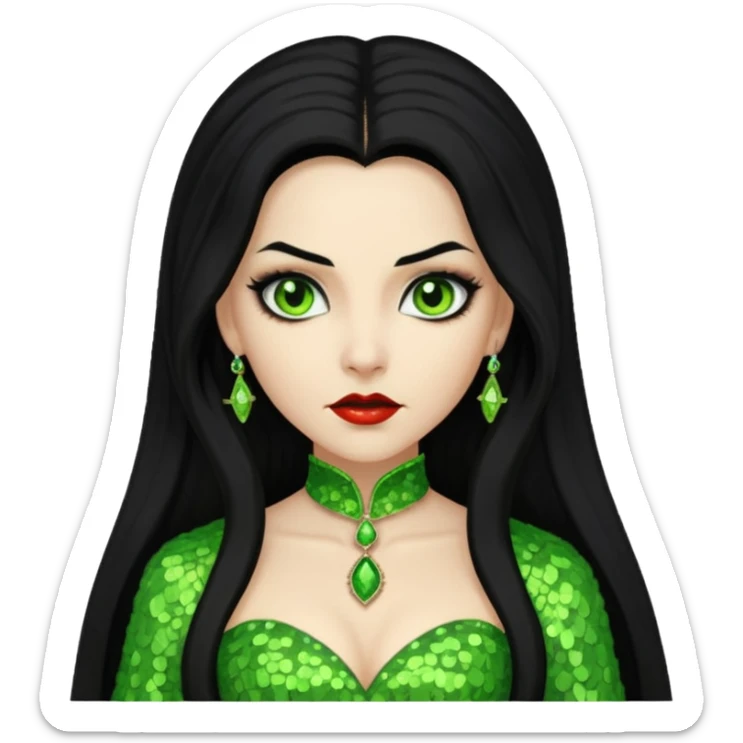 Verona, Bride of Dracula from Van Helsing with long black hair, lime green sequin outfit sticker