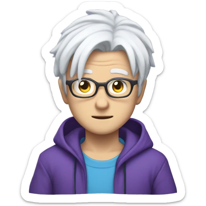 anime character named Saturo Gojo that has white hair, glasses, blue eyes, and wears purple clothing sticker