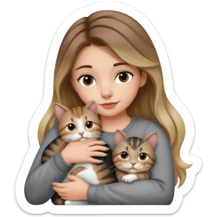 Une femme avec les cheveux dégradée, brun et blond, qui fait un câlin à son chat gris, tigré avec les extrémités que pattes pointe d’oreilles noires et le dessous du menton blanc la fille n’a pas d’oreilles, il n’y a qu’un seul chat sticker