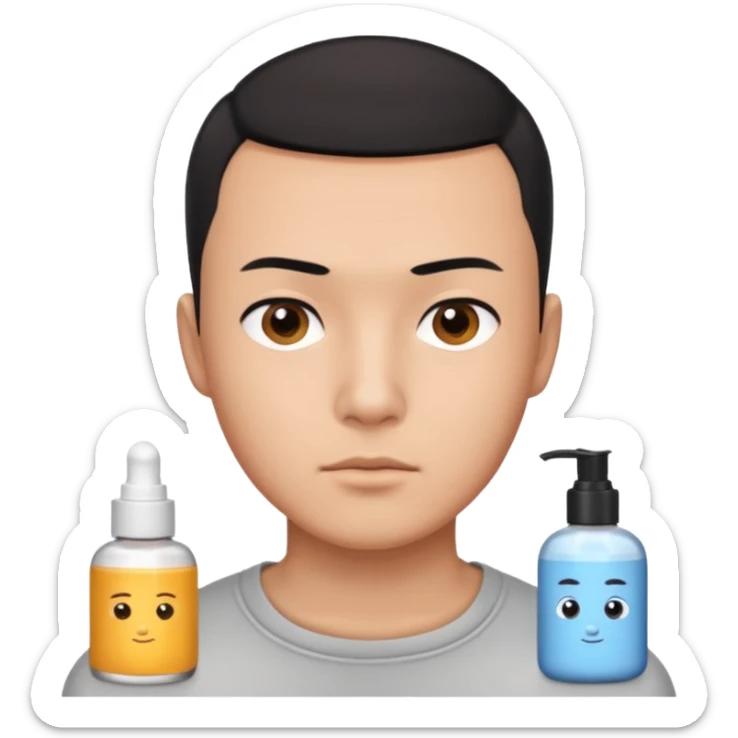 try different skincare products for chinese man with buzz cut (short black hair) doing skincare sticker