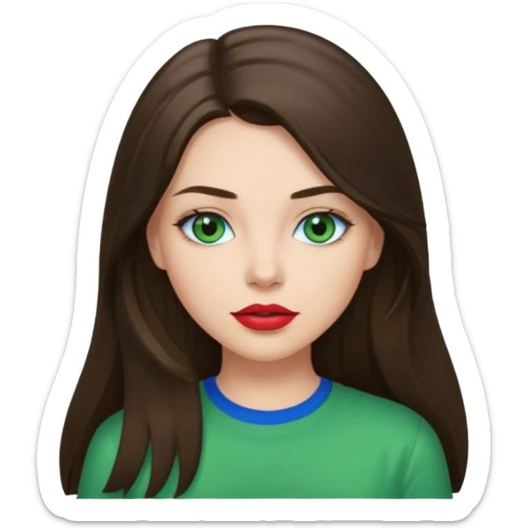 brunette straight long hair girl green shirt blue eyes lipstick  sticker