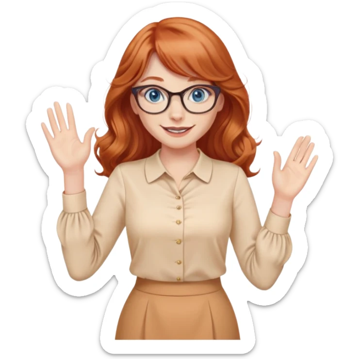 redheaded woman with very long wavy hair and bangs, blue eyes, cat-eye glasses, pencil skirt, apricot blouse, waving, smiling sticker
