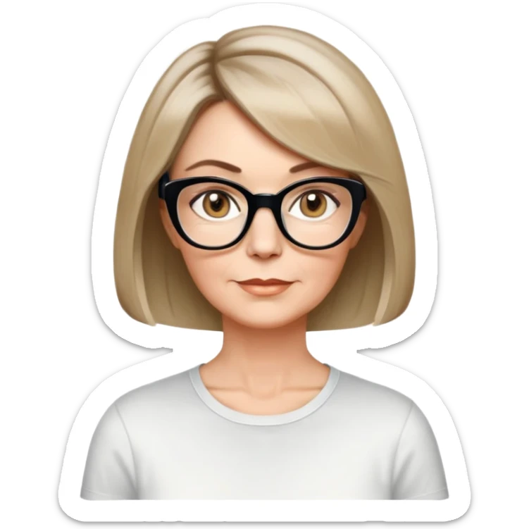 white woman about 50 years old, light warm skin, short bob haircut to neck with slight waves at ends, medium brown hair with soft highlights, neutral expression, large black shiny butterfly or cat-eye glasses, white casual t-shirt, calm and creative energy sticker