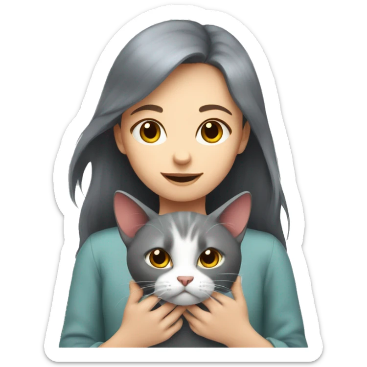 Grey cat in hands of a girl with dark red hair sticker