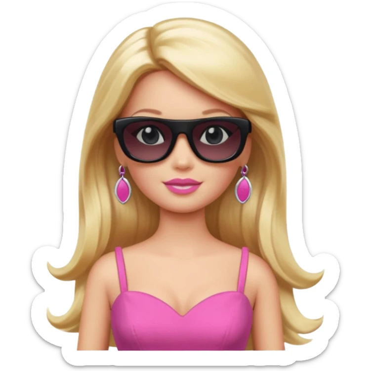 barbie with long blonde hair wear black sun glasses, pink dress sticker