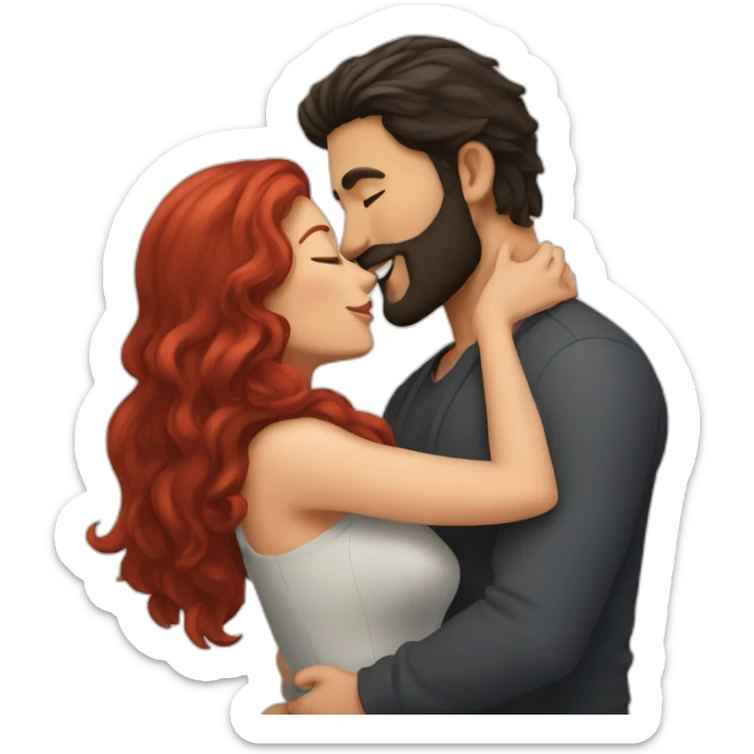 a bearded man with dark hair kissing a woman with long red hair sticker