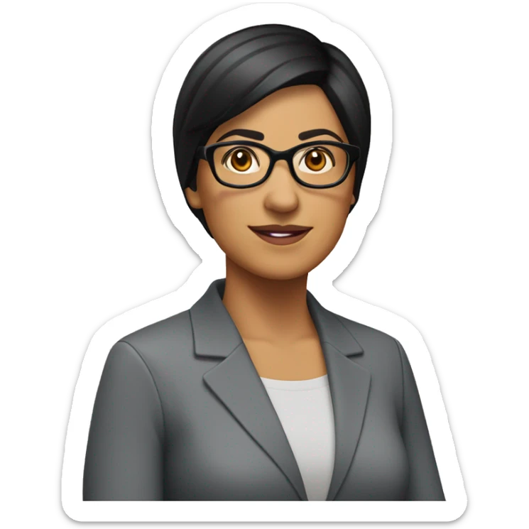 Hispanic woman with very short straight black hair and glasses and round face with age 50 sticker