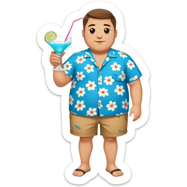 chubby guy full figure in a flowered azure havai shirt, brown shorts and flippers holding a cocktail sticker