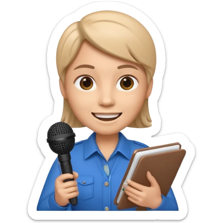 Apple Memoji-style 3D emoji of a journalist holding a microphone and notepad, smooth gradients, rounded shapes, no background. sticker