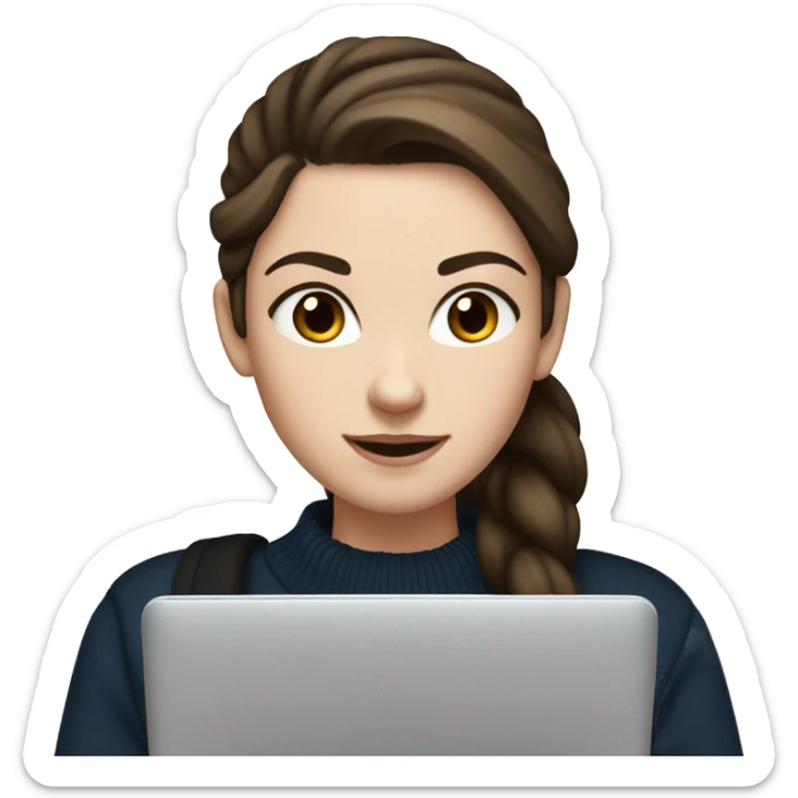 caucasian white girl student, holding laptop, blue eyes, dark brown hair ponytail wearing a thick black sweater sticker