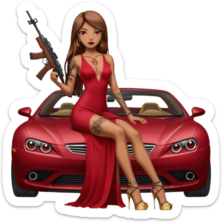 Lilith tan skinfemale red eyes symbol. Tattoo arms. Her hair is brown straight long hair.wearing sexy long ruby covered dress with slit. black stiletto thick platform high heels shoes on. Sitting on gold giant luxury car with cash on her. She is holding a sniper rifle in one hand cash in other hand sticker