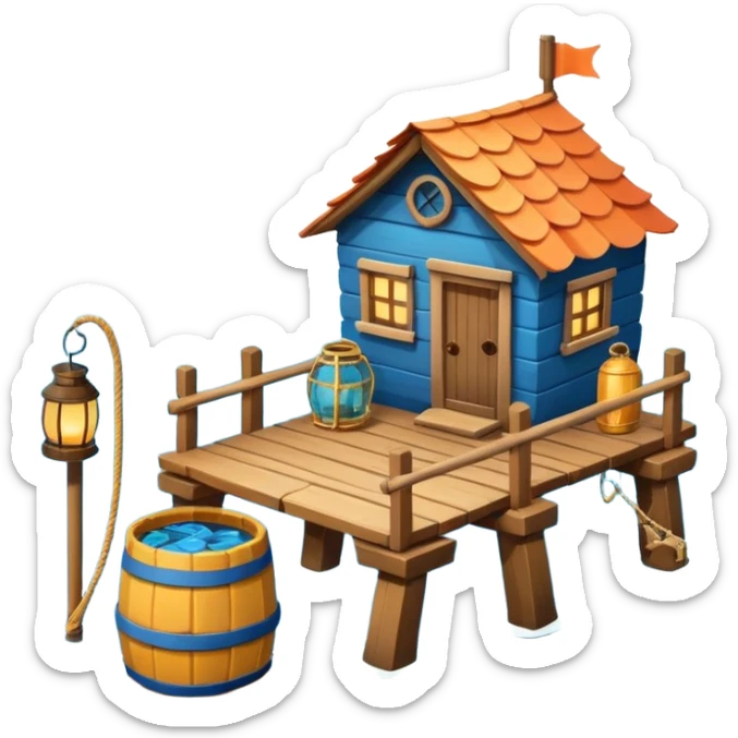 
fisherman house on a wooden pier, small dock, fishing nets hanging, barrels, lantern, ocean vibe, 3D cartoon, cute mobile game icon, clean background, no text
 sticker