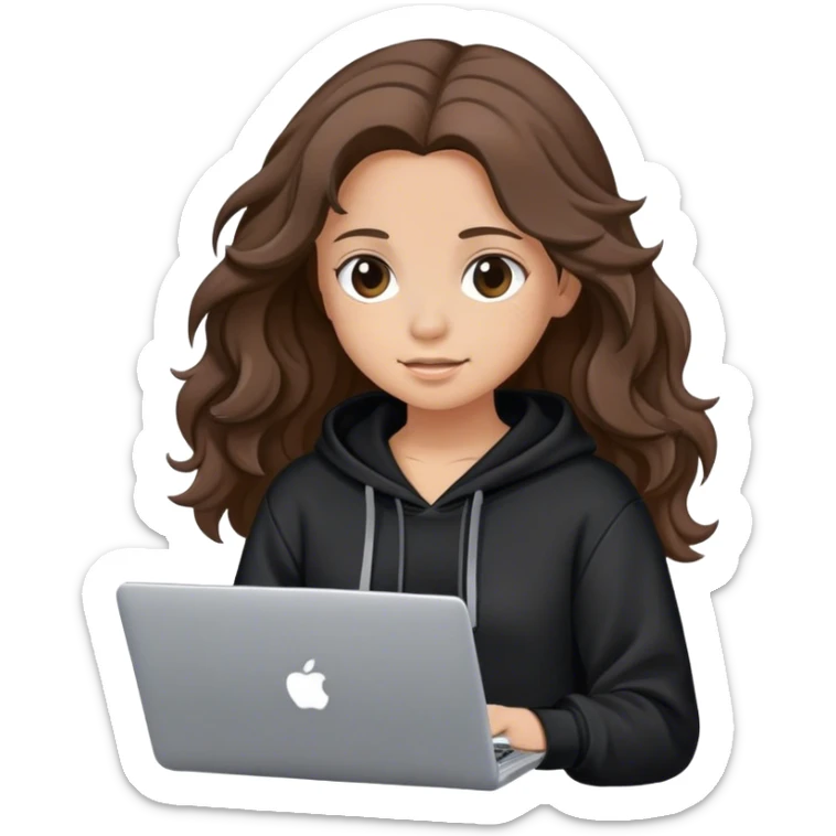 Girl with wavy brown hair wearing a black hoodie holding the computer sticker