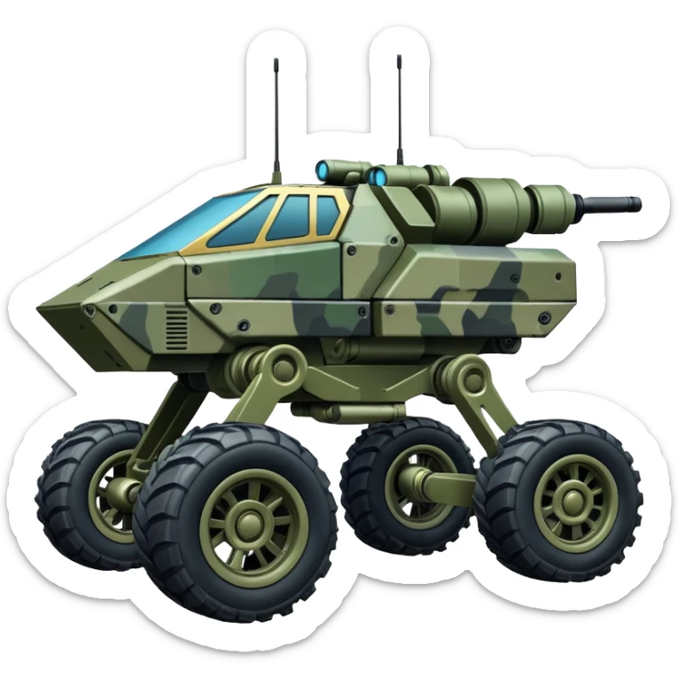 a 4-wheel armored stealth camouflage army massive mech trail vehicle shooting forward side-hill leaning actively independent suspended pod gimbal enemy mech off-road racing rover with large fast engine  sticker