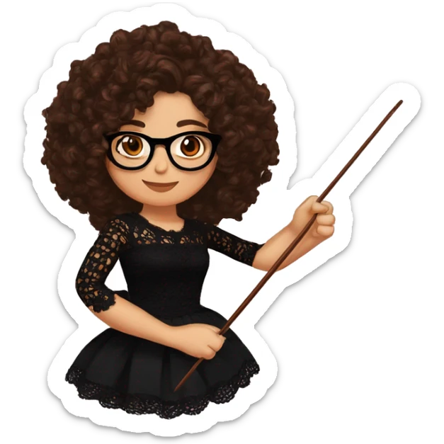 Hispanic woman with chocolate brown curly hair,cateye black glasses, brown eyes, holding a crochet hook in one hand and yarn in the other hand, wearing a black lace shirt sticker