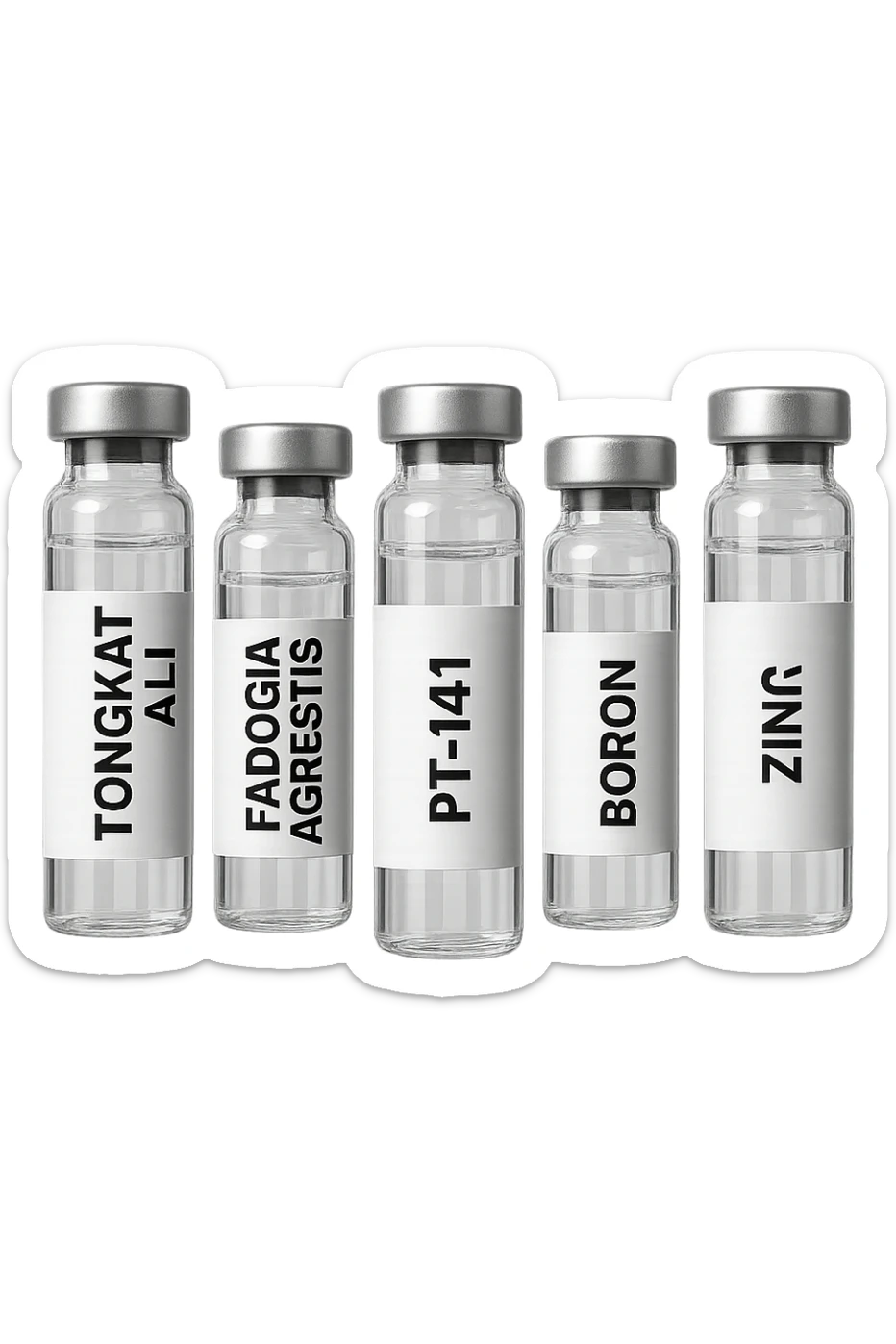 3 fiale mediche: Tongkat Ali, Fadogia Agrestis, PT-141, Boron e Zinco fluttuano in aria verticalmente sticker