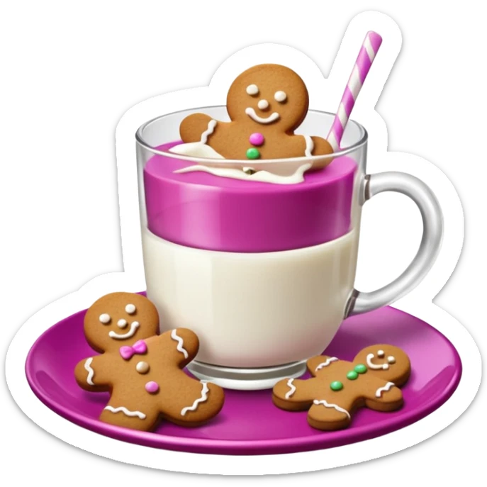 A glass of milk sits on a magenta saucer with gingerbread cookies. sticker