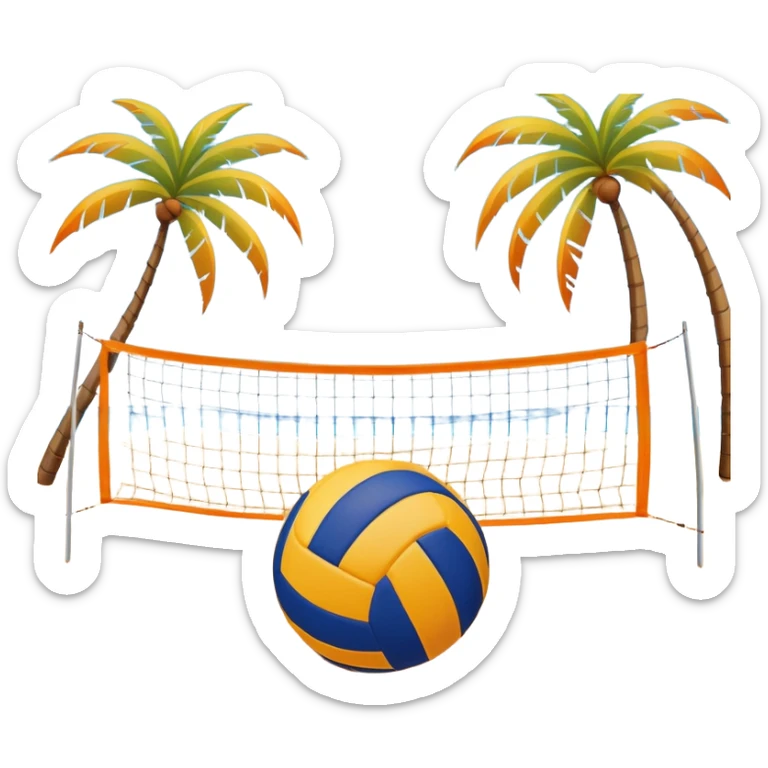 The scene captures an orange sand, sunny sea beach with clear blue sea and sky, palm trees swaying. A volleyball resting on the orange sand ground of a beach, with a volleyball net in the background.  sticker