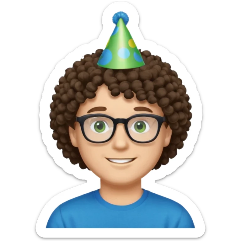 A white guy with curly brown hair and green eyes with a happy face, and wear square black glasses.He’s also got a full silver birthday party hat on his head with blue pom poms on top of it, and his T-shirt is all black, he wears a little gold circle earrings on his left  sticker