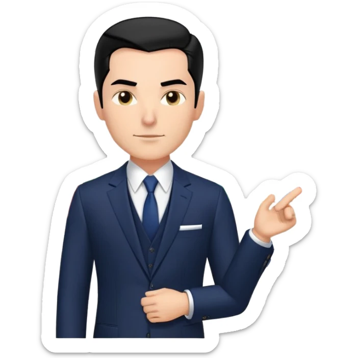 Hair: Slicked-back jet-black hair with sharp hairline Face: Defined jawline, slight crow’s feet from squinting Clothes: Slim-fit navy suit with pocket square Action: Laser-pointing at revenue charts during presentation sticker