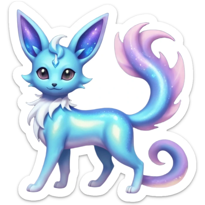 Shiny Iridescent Sparkly Nebulae Espeon-Umbreon-Vaporeon-Glaceon-Dragonair-Fakémon-hybrid-creature (full body)  with a galaxy-dust-flowing-gradient-tail sticker