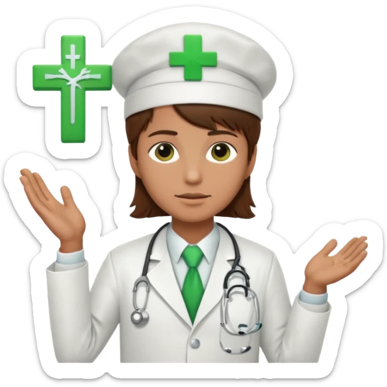a doctor in white suit with a doctor hat with green cross brown hair sticker