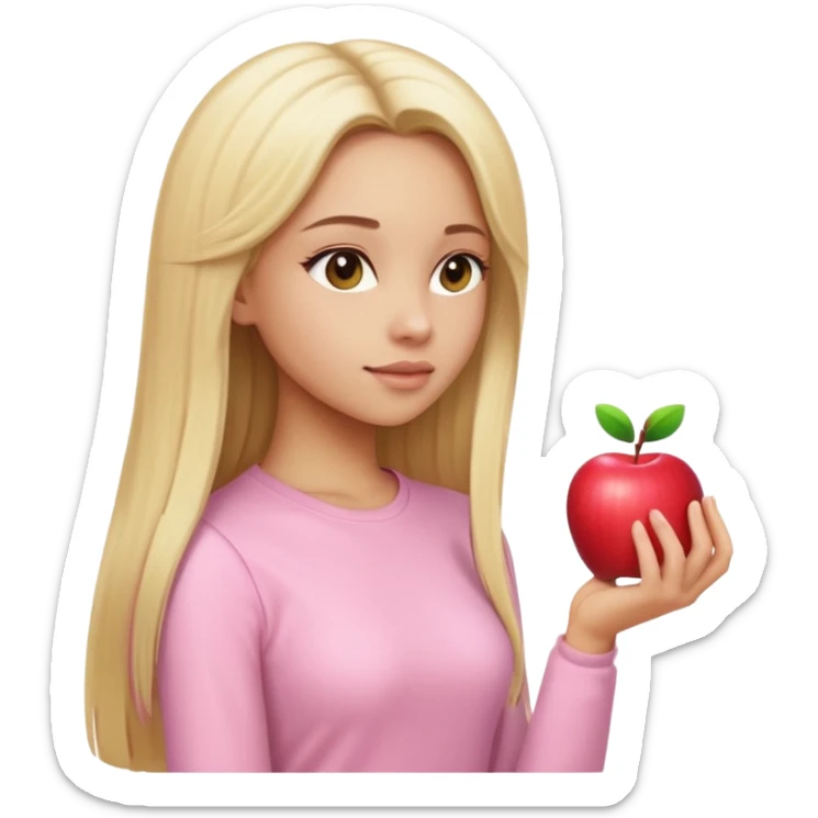 girl in light pink clothes, blonde with long straight hair, side view, pose and style matching Apple emoji style sticker
