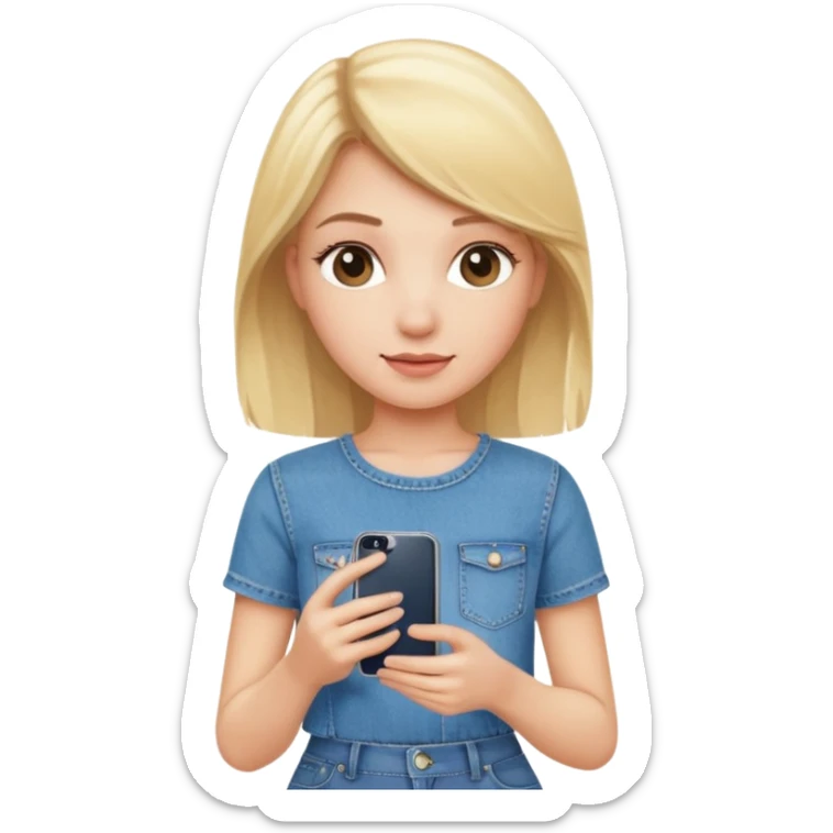 A blonde pretty girl wearing a denim skirt holding an iPhone 16 sticker
