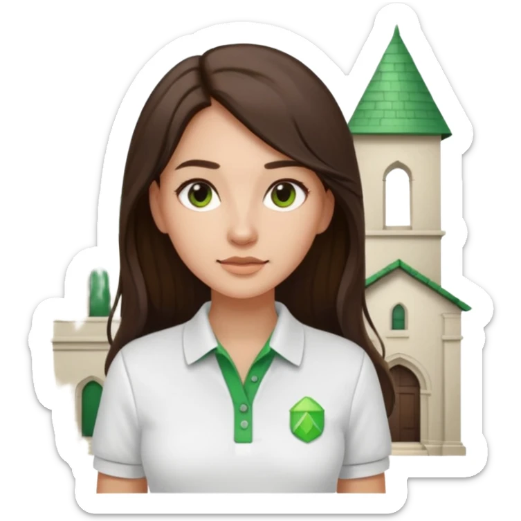 architect woman light skinned dark brown hair in WHITE POLO, long hair but then wearing proper architeture attire green touch of colors sticker