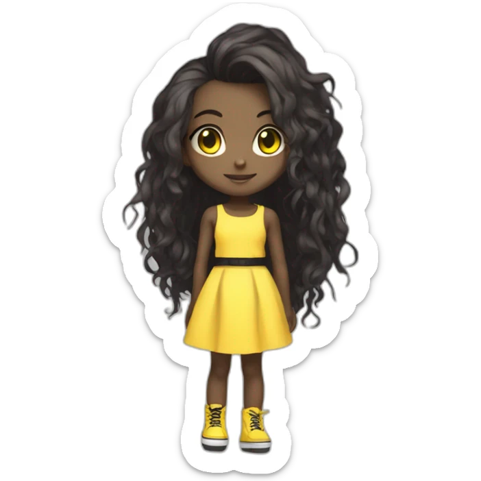 cute punk girl in yellow dress dark skin with yellow eyes and dark curvy hairs drummer anime style sticker
