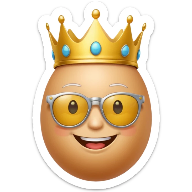 a funny, proud cartoon-style egg character wearing sunglasses and a small crown, solid orange background. sticker