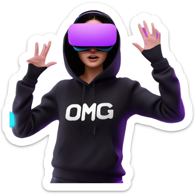 Russian girl wearing black hoody with violet letters "OMG", in vr headset oculus quest2. jumping. Cyberpunk style. Violet neon. sticker