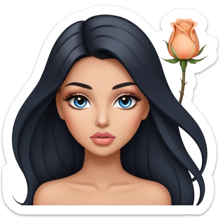 Glamours, tanned, very beautiful girl, with big pump peach-beige-rose lips, long long lashes, black straight smooth silky long hair, straight parting hair, blue-grey eyes sticker