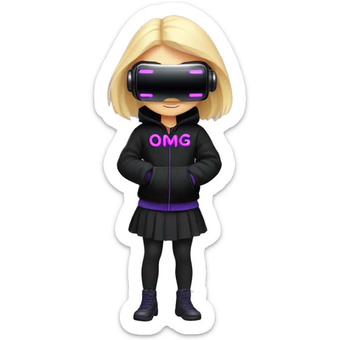 Russian cute blond student girl wearing black hoody with violet letters "OMG", in vr headset. No eyes. Cyberpunk style. Violet neon. sticker