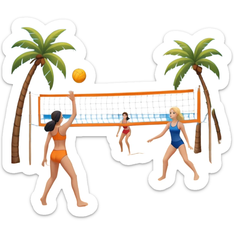 A volleyball resting on the orange sand of a beach, with a volleyball net in the background. The scene includes a beautiful beach landscape with blue sea, sky, and palm trees, while a couple of women in swimsuits play in the distance, capturing the relaxed yet competitive vibe of beach volleyball. sticker
