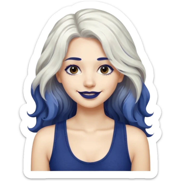 woman with wavy long white hair and brown eyes with dark blue lipstick smiling in a grunge tanktop sticker