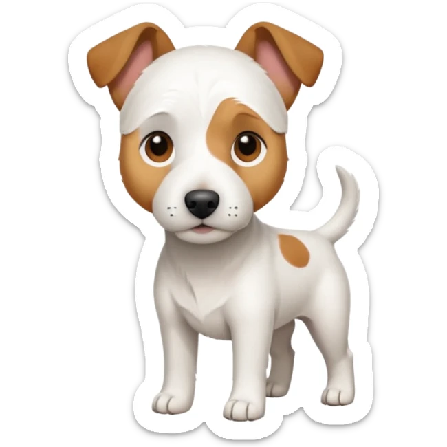 a full body large white parson russell looking dog the size of a kelpie with light brown ears and a light brown patch on one eye and a large snout sticker