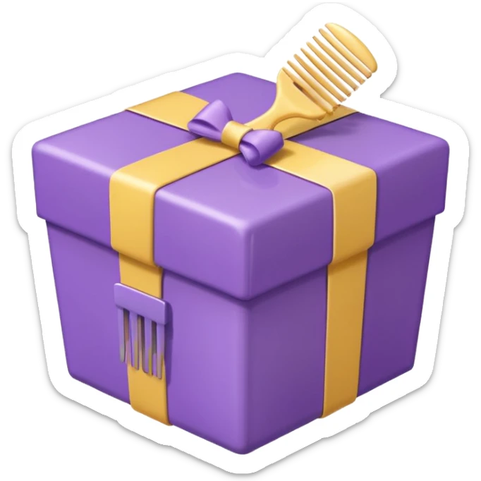 Kawaii emoji illustration of a purple gift box with a comb inside, chubby proportions, glossy finish, pastel colors, soft shading, adorable style, simple and clean design, transparent background sticker
