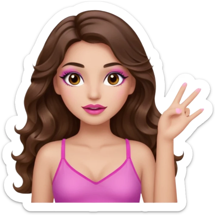 girl with long wavy brown hair, brown eyes, long lashes makeup, sexy pink lips, light to medium complexion, wearing a pink sexy top, one hand in the air high sticker