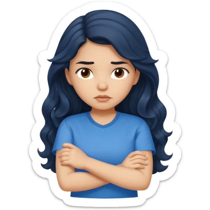 Hispanic girl with long dark wavy hair crossing her arms and slightly pouting sticker