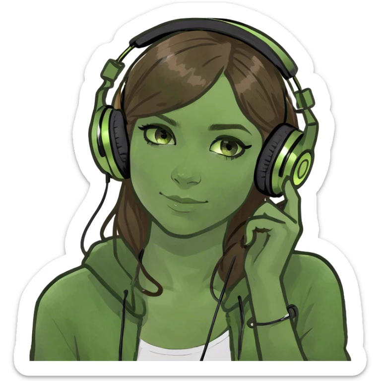 Girl with brown hair green eyes with headphones jamming to music  sticker
