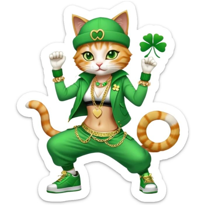 female cat dressed in hip-hop Run DMC style with green outfit, shamrock accessories, gold chains, bling, St. Patrick's Day, break dancing sticker