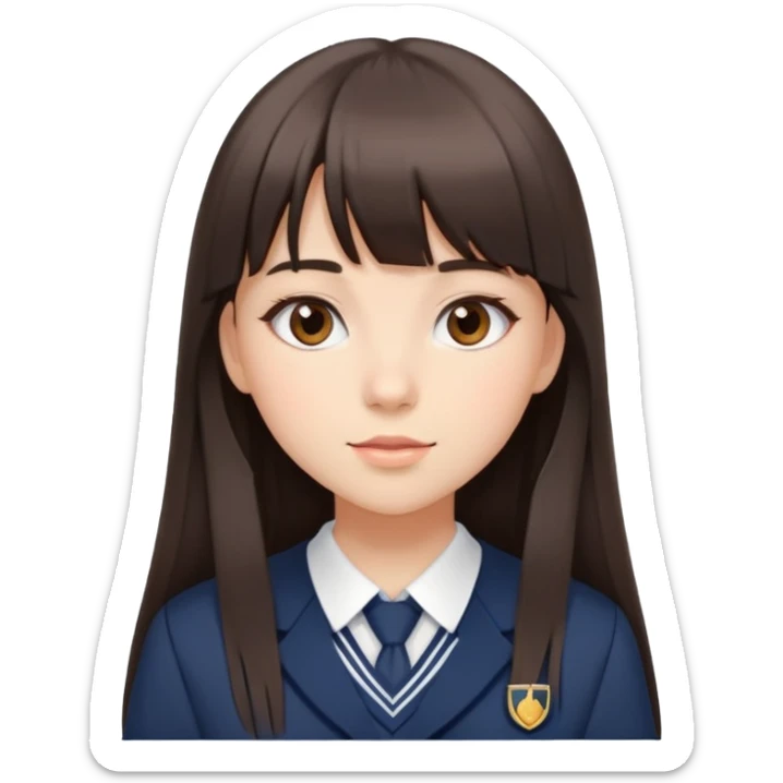 Attractive female student with long straight dark brown hair with bangs, beautiful school uniform, subtle makeup sticker