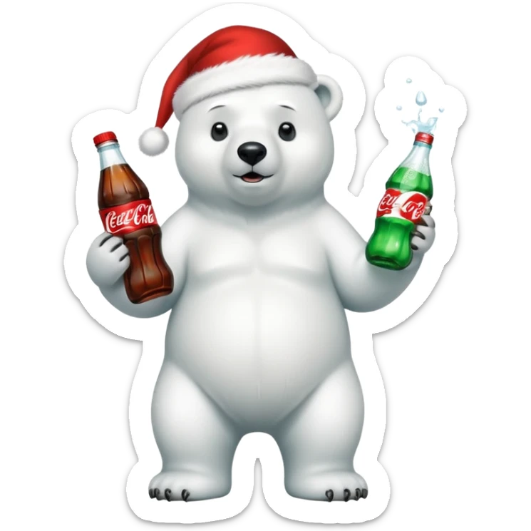 full body polar bear with christmas hat on with a bottle of coca cola  sticker