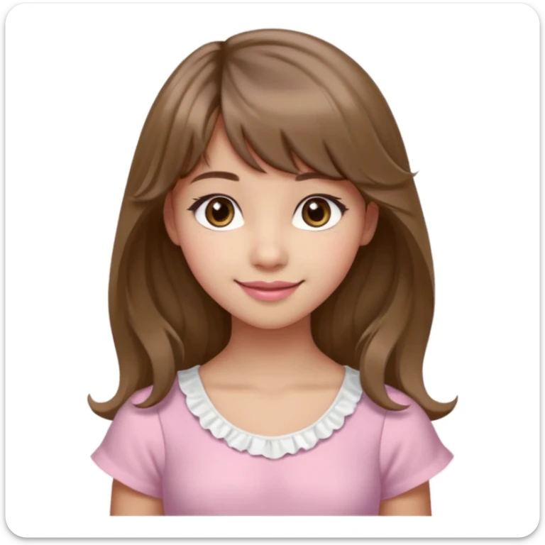 A teenage cute girl with very light olive skin and soft pinkish cheeks. Large bambie dark hazel eyes. Long wavy light brown hair with soft bangs. Features are very feminine and beautiful. medium straight nose with a soft tip. Medium natural pink lips. Wearing a simple dress in pink and white.  sticker